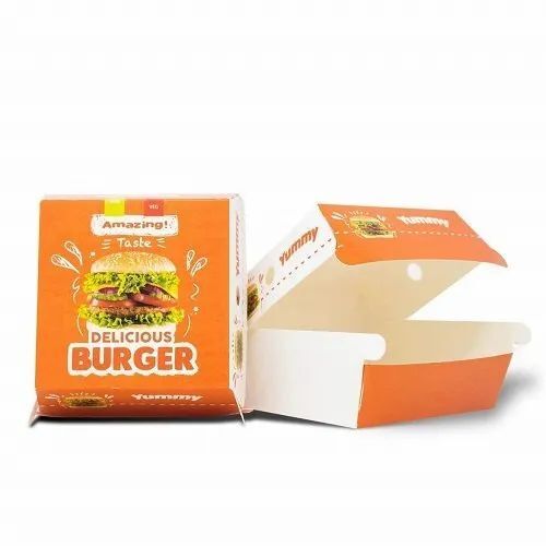 Burger Packaging Box - Bleached Kraft Paperboard Square Shape Multi Color | 200-270 GSM Food Grade with Gloss Varnish Finish Weight Capacity < 2 Kg