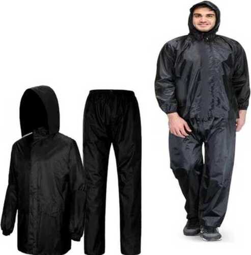 Black Rain Suit - Polyester Material, Long Sleeves, Hooded Design, Regular Fit | Water and Wind Resistant, Machine Made, Foldable for Easy Storage