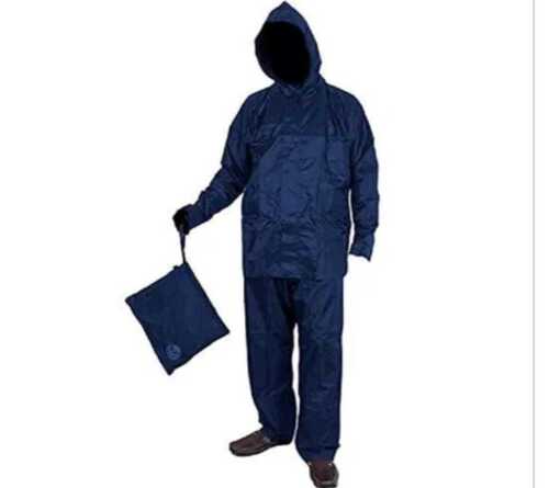 Blue Rain Suit - Denim & Polyester Blend, Standard Size, Blue Color, Hooded Long Sleeve, Water & Wind Resistant, Non-Toxic | Foldable, Unisex Design, Normal Wash Care