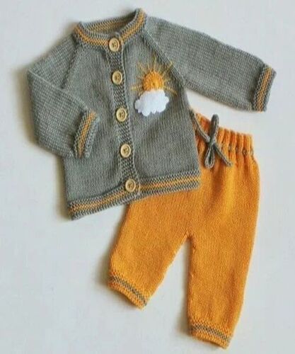 Kids Pullover Sweater Set - Woolen Material, Grey and Orange Color | Soft and Warm, Long Sleeves, Attractive Knitted Pattern