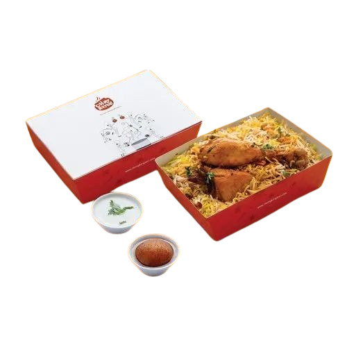 Biryani Packaging Box - 1000 Gram Capacity, Rectangular Shape, Multicolour Printed Design, 350 Gsm Paper Material