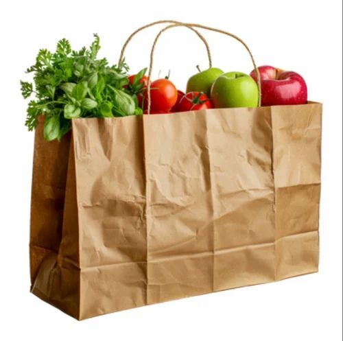Biodegradable Paper Grocery Bag - 5 Kg Capacity, Brown Color, Moisture Proof & Recyclable with Rope Handles - Plain Style