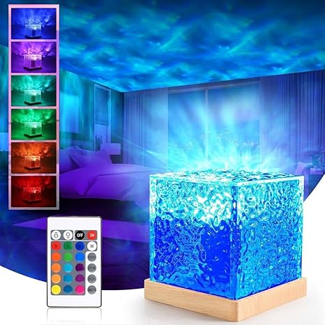 Water Ripple Night Light Aura lamp Ocean Wave Projector Lamp 3D Water Wave Effect Romantic LED Night Light Remote Control USB Crystal Table Lamp for Home Decor Bedroom & Gift