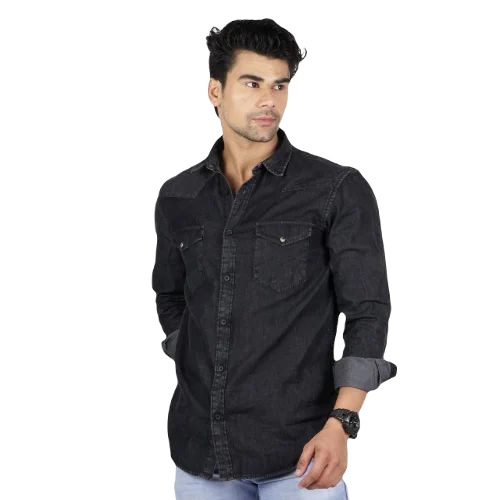 Men's Comfort Fit Black Denim Shirt - Full Sleeves, Plain Dyed | Breathable, Soft, Comfortable, Machine Washable