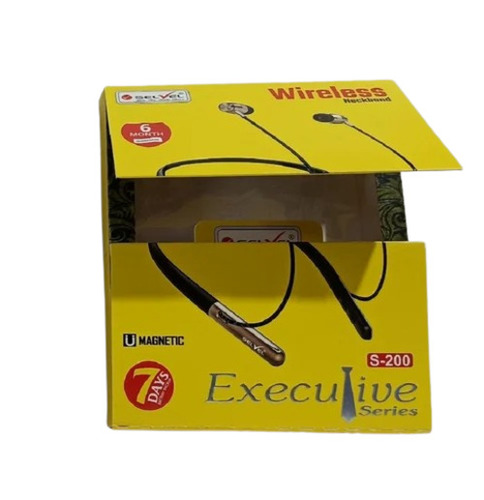 Neckband Earphone Packaging Box - SBS Paper, 4x2.5x5 Inches, Yellow Color, Gloss Varnish, Biodegradable, Rectangular Shape | 140gm Weight Holding Capacity, Window Patch Design