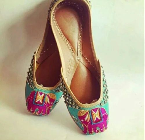 Elephant Embroidery Shahi Handicraft Women Punjabi Jutti - Leather, Turquoise & Pink | Long Lasting, Durable, Embroidered Design