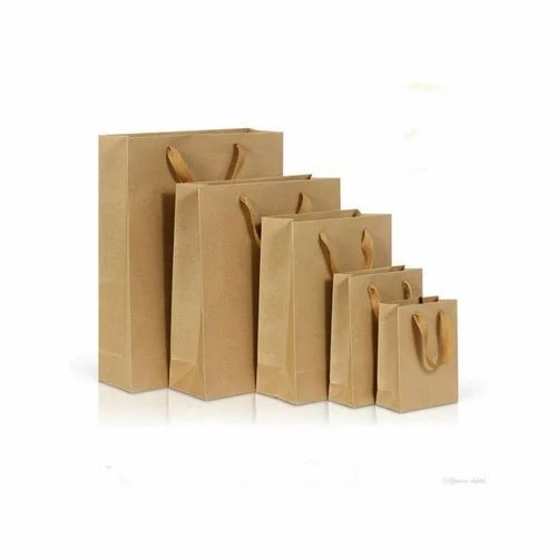 Kraft Paper Shopping Bag - Brown, 1-5 kg Capacity, 100-150 GSM | Biodegradable, Moisture Proof, Recyclable, Ribbon Handles