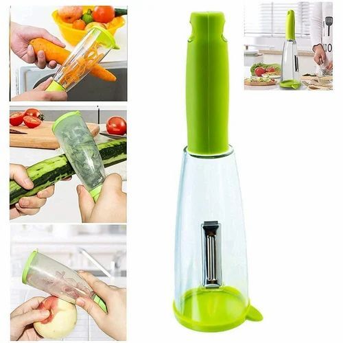 Plastic Vegetable Peeler - Plastic Material, 20cm Size, Green Color, Polished Finish | Features a Convenient Container for Easy Storage