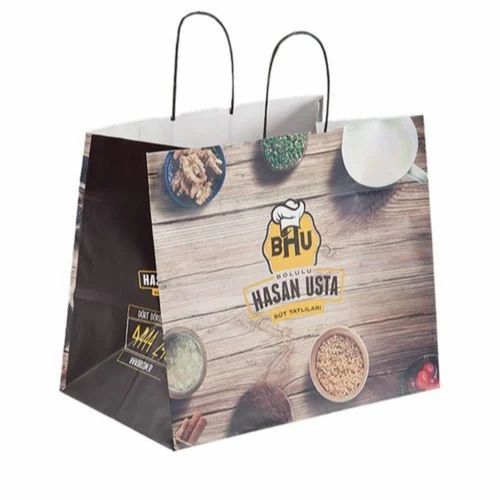 Printed Paper Bag - 5kg Capacity, 150 GSM Kraft Paper, Multicolor Printed Design | Biodegradable, Moisture Proof, Recyclable, Rope Handle