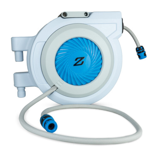 Zephyr Automatic Enclosed Garden Hose Reel - Plastic 15m x 1/2" White | Free Lock Any Length Automatic Rewind System 180 Swivel Bracket UV-Resistant Design