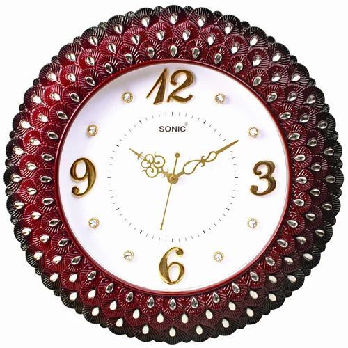 Decorative Wall Clocks - Plastic, 18 Inches, Round Shape - Red Color, Wall Mounted, 1 Year Warranty