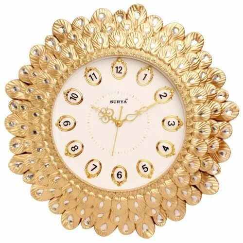 Designer Round Wall Clock - Plastic, 20 Inches, Golden | Analog Display, Wall Mounted, 1 Year Warranty, Stylish Home Decor