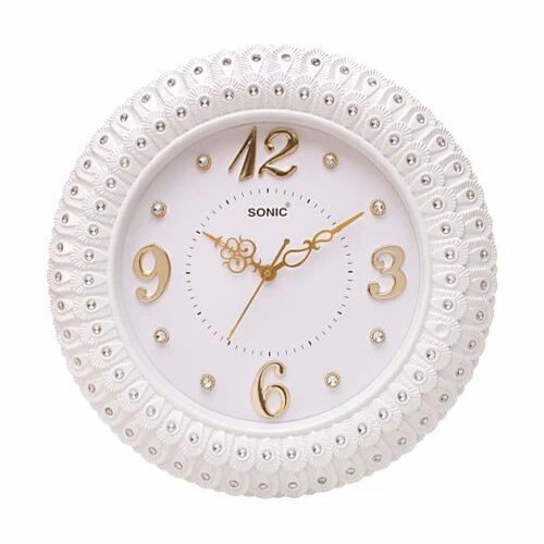 Diamond Wall Clock - Plastic, 16 Inches, White | Round Shape, Wall Mounted, 1 Year Warranty