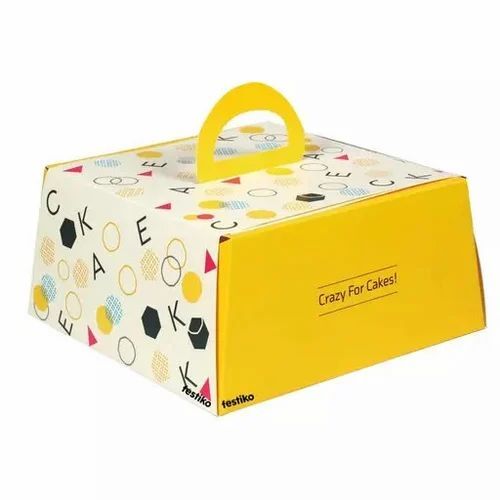 Handle Cake Box - Paper Material, Multi Color Printed Design | Ideal for Elegant Cake Presentation and Special Occasions