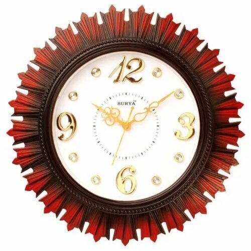 Home Decorative Wall Clock - 16 Inches, Maroon Plastic Material | Round Analog Design, 1 Year Warranty