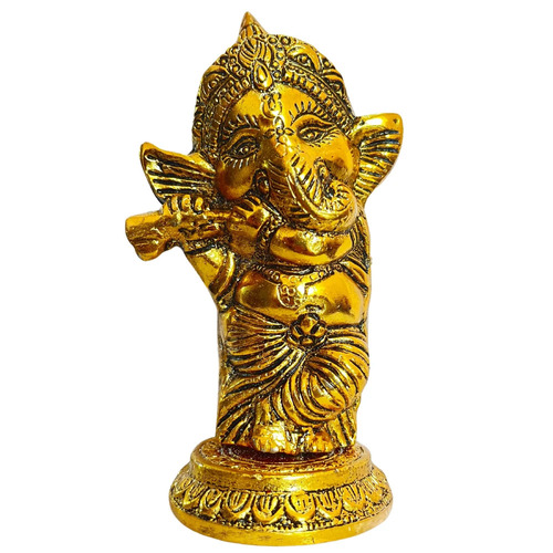 Aluminium Gold Plated Murli Ganesh Statue - Polished Finish, Handcrafted Design | Religious Theme, Home Decoration