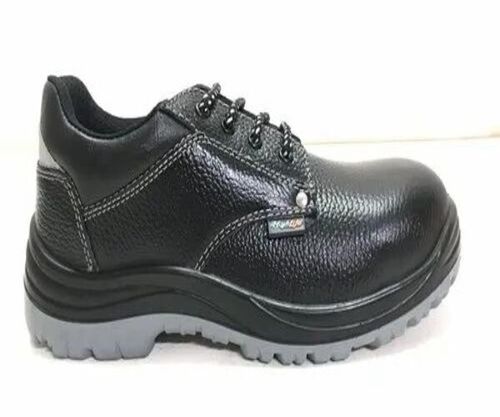 Leather Safety Shoes - Durable Rubber Insole, All Size Fit | Black Plain Style for Men, Hard Rubber Outsole