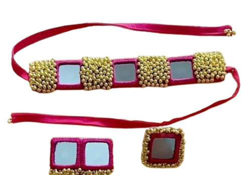 Embroidery Necklace - Fabric & Glass, Pink & Golden | Set Includes Necklace, Earrings & Ring, Perfect for Women's Party Wear