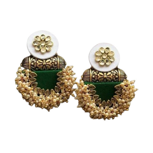 Handmade Fabric Earrings - 10 Grams, Green and Golden Color | Good Quality, Suitable for Party, Women's Jewelry