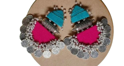 Handmade Fabric Earring - Fabric Material 40 Grams Weight | Blue Pink and Silver Colors Women's Party Jewelry