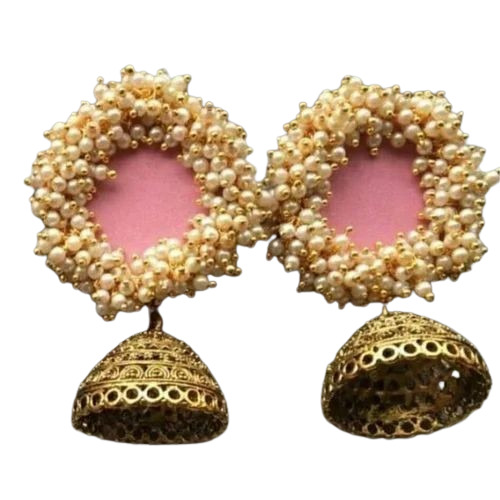 Handmade Jhumka - Fabric, 12 Grams, Golden and Pink | Women's Party Earrings in Good Condition