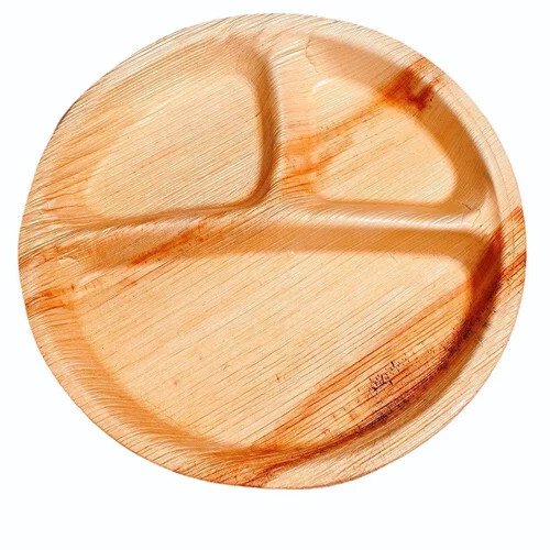 Areca Palm Leaf Plate - 11 Inch Diameter, 3 Compartment Round Shape | Biodegradable, Eco-Friendly, Natural Brown Finish for Parties and Events