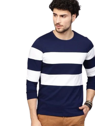 Comfortable Men T-Shirts - Cotton Blend, Long Sleeve, O-Neck, Blue & White | Skin Friendly, Casual Wear, Plain Design