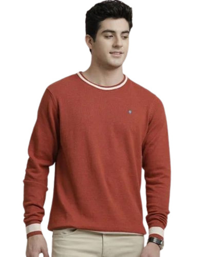 Knitted Men T-Shirt - Cotton Blend, O-Neck, Long Sleeves, Orange | Skin Friendly, Comfortable, Casual Wear