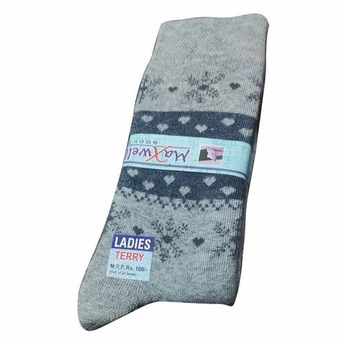 Ladies Woolen Terry Socks - Gray Color Washable Material | Printed Pattern Suitable for Casual Winter Wear