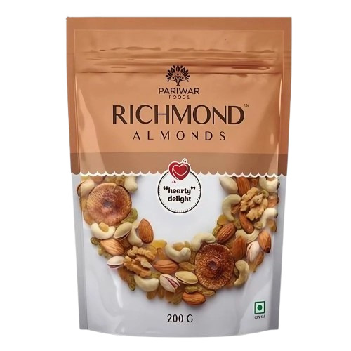Dry Fruits Packaging Pouches - Plastic, Rectangular 200-250 gm | Multicolour Design for Versatile Use in Packaging