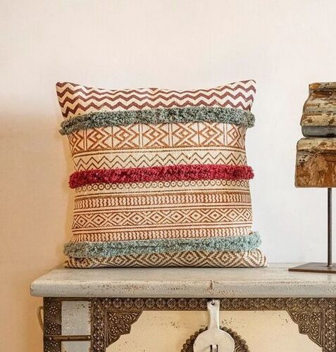 Handmade Pillow Cover - Customizable Size 18x18 Inches, Eco-Friendly Cotton Material , Vibrant Hand-Embroidered Patterns, Comfortable Texture, Artisan Crafted