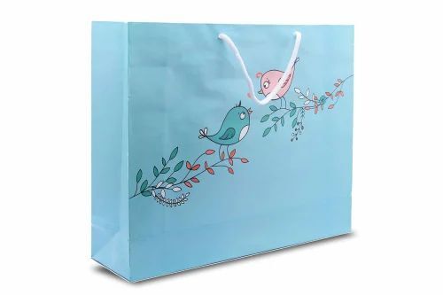 Paper Shopping Bag - 5 Kg Capacity, 200 GSM Blue Printed Design | Biodegradable, Moisture Proof, Recyclable, Flat Paper Handle