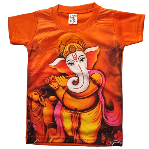 Ganapati T Shirt For Kids - Polyester, Age 2-8 Years, Multicolor | Soft, Lightweight Fabric with Vibrant Print, No Fade, Washable, Casual Use