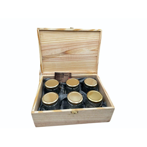 Wooden 6 Jars Gift Box - Multicolor Customized Size Rectangular | 6 Compartments New Condition Made of Wood Plain & Printed Design