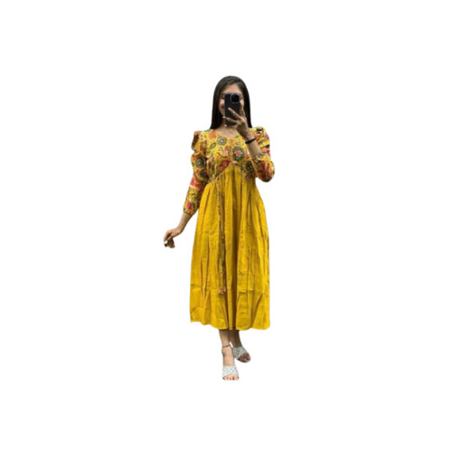 XL Yellow Chiffon Ladies Kurtis - Printed, 3/4 Sleeve Design | Anti Shrink, Easy To Clean, Colorfast, Breathable for Casual & Daily Wear