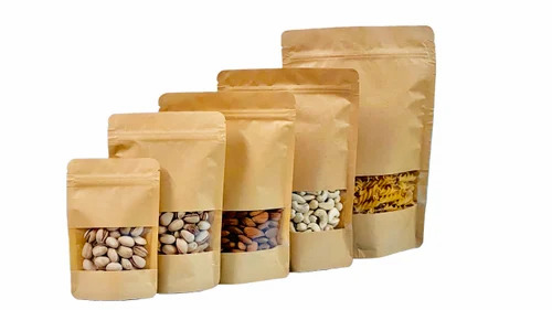 Kraft Paper Pouches - Kraft Paper, Plain Pattern, Brown Color, Inner Layer Laminated, Zipper Closure, Ideal for Food Packaging