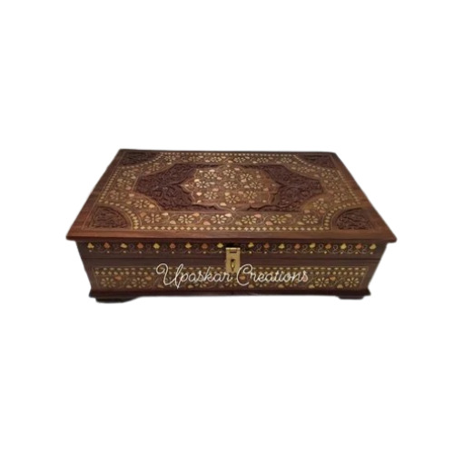 Decorative Wooden Jewellery Box - Sheesham Wood, Rectangle Shape, Brown Color, Hinged Closure | Eco-Friendly, Antique Design, Carved with Brass & Copper Inlays