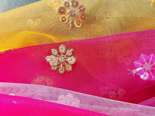 Gold Sequins Butti On Mesh Net Fabric - Embroidered Gold Sequins Work, Versatile Colors, Dry Clean Only, Stylish Textile for Elegant Clothing