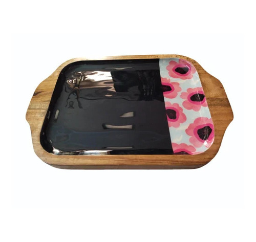 Printed Wooden Serving Tray - Wood 10 Inch Multicolor | Polished Finish Corrosion Resistant Rectangular Design for Kitchen Use