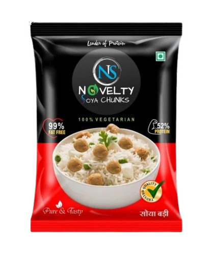 Soya Chunks Packaging Pouch - Plastic Material, 100-250 gm Capacity, Multicolour Printed Design, 35 Micron Thickness, Heat Seal Closure