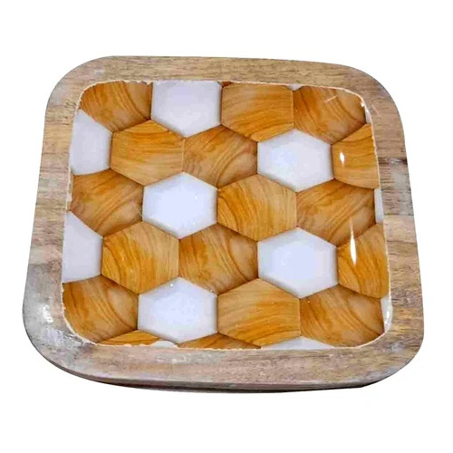 Wooden Square Serving Tray - 6X6 Inch, Brown Wood, Polished Surface Finish | Corrosion-Resistant, Ideal for Kitchen Use, Printed Design