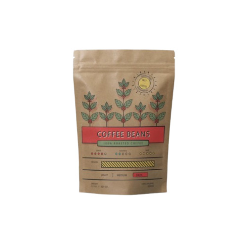 Coffee Beans Packaging Pouch - Printed Matte Finish, Brown Color, Single Layer Lamination, Zipper Closure Type