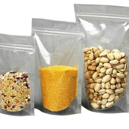 Stand Up Zipper Pouch - Plastic Material, Transparent Color | Food Packaging Solution with Plain Design, Suitable for Diverse Applications