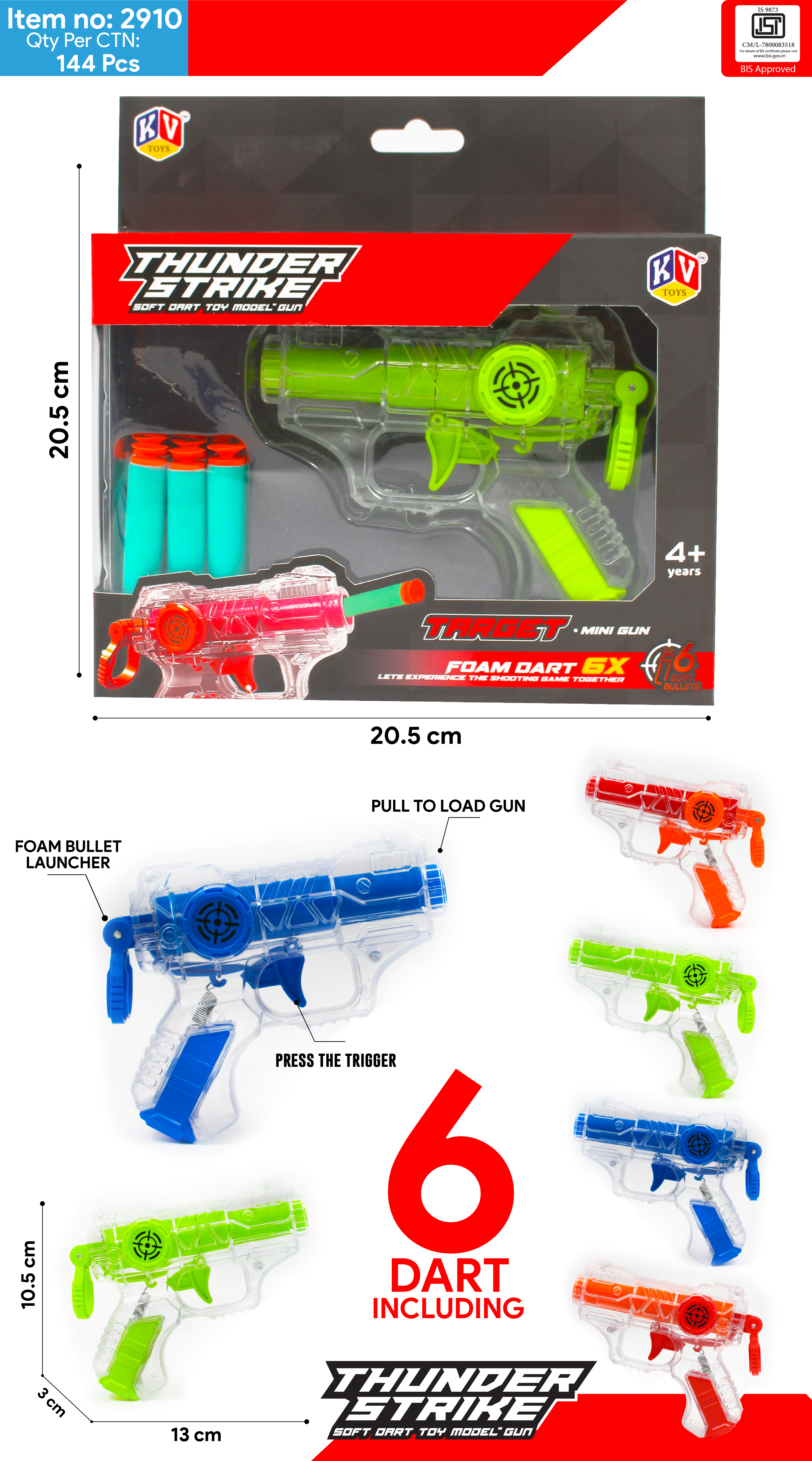 2910 Thunder Strike Transparent Gun With 6 Darts In 4 Colors - Age Group: 3+ Years