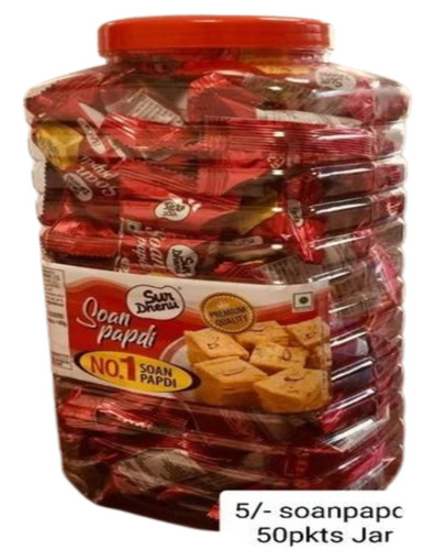 Elaichi Soan Papdi Jar - Soft Texture, Sweet Taste, 1 Kilogram | Yellow Color, Square Shape, Crafted in India