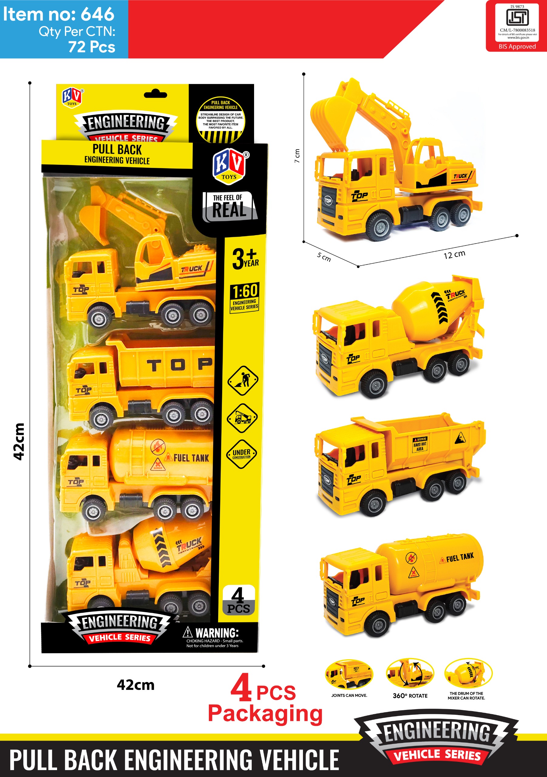 Pull Back Engineering Vehicle Toy Pack of 4