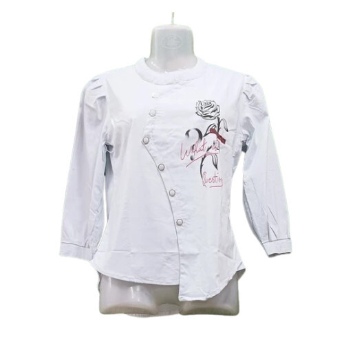 Ladies Cotton Full Sleeve Printed Top - Round Neck, Comfortable Casual Wear , Summer Size L in Ivory White