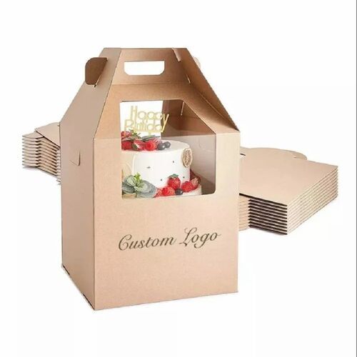 Handle Cake Box - Paper, Brown Color, Printed Design | Ideal for Creative Cake Presentations and Stylish Packaging