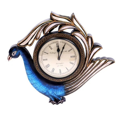 Decorative Peacock Wall Clock - Wooden, Multicolor, Polished Finish | Mesmerizing Look, Beautiful Design, Impeccable Finish
