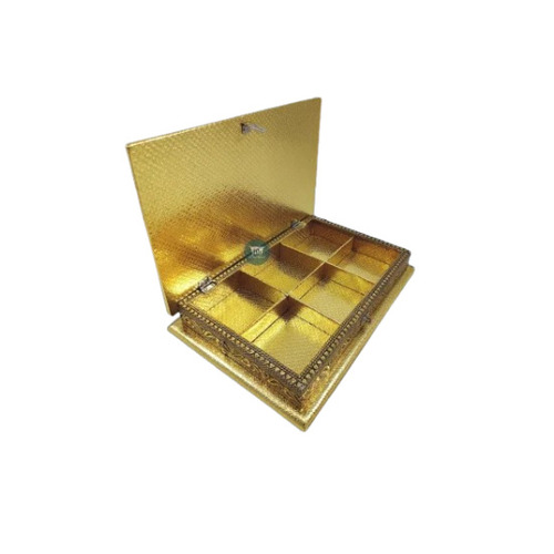 Golden Oxidised Wooden Dry Fruit Gift Box - 1000 gms 6 Compartments | Customizable Rectangular Shape Copper and Golden Color